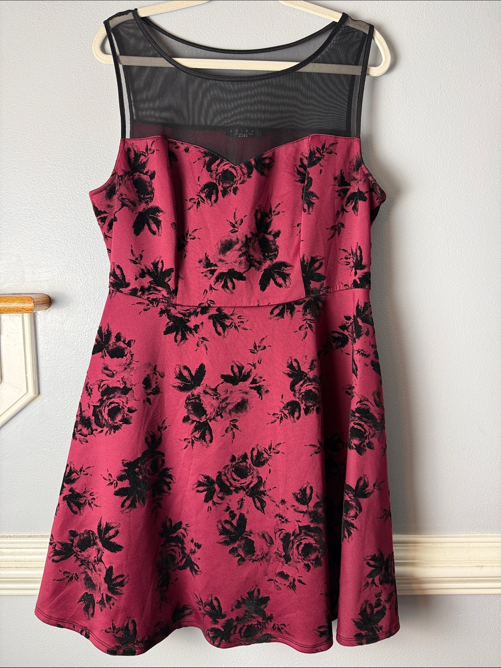 Trixxi Burgundy Floral Fit-and-Flare Dress with Black Mesh Yoke